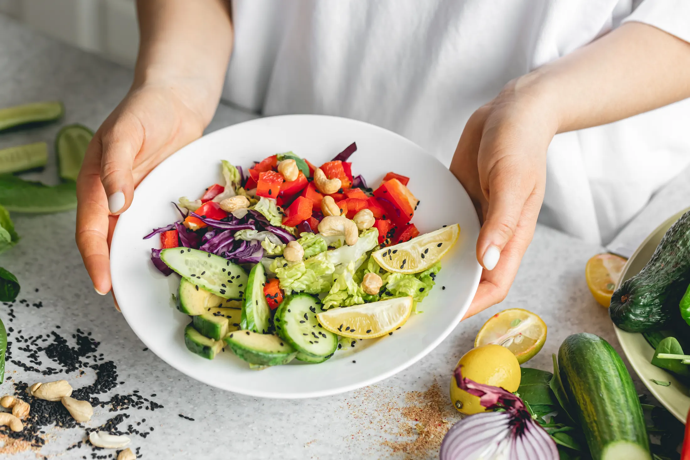 A colourful balanced table with vegetables and wholesome foods